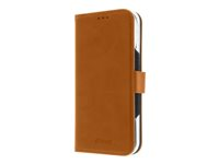 Insmat Premium - Vikbart fodral för mobiltelefon - genuint läder, kartong+papper+aluminiumfolie, polykarbonat, bomullssömmar - brun - för Apple iPhone 16 650-3292