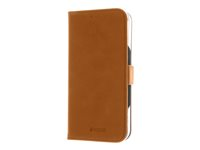 Insmat Premium - Vikbart fodral för mobiltelefon - genuint läder, kartong+papper+aluminiumfolie, polykarbonat, bomullssömmar - brun - för Apple iPhone 16 Pro 650-3294