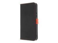 Insmat Flip Case - Vikbart fodral för mobiltelefon - genuint läder, termoplastisk polyuretan (TPU), kartong+papper+aluminiumfolie - svart/orange - för Samsung Galaxy A54 650-3149