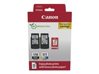 Canon PG-510/CL-511 Photo Paper Value Pack - 2-pack - svart, färg (cyan, magenta, gul) - original - hängande låda - bläckpatron/papperssats - för PIXMA iP2700, MP230, MP252, MP272, MP280, MP282, MP492, MP495, MP499, MX360, MX410, MX420 2970B017